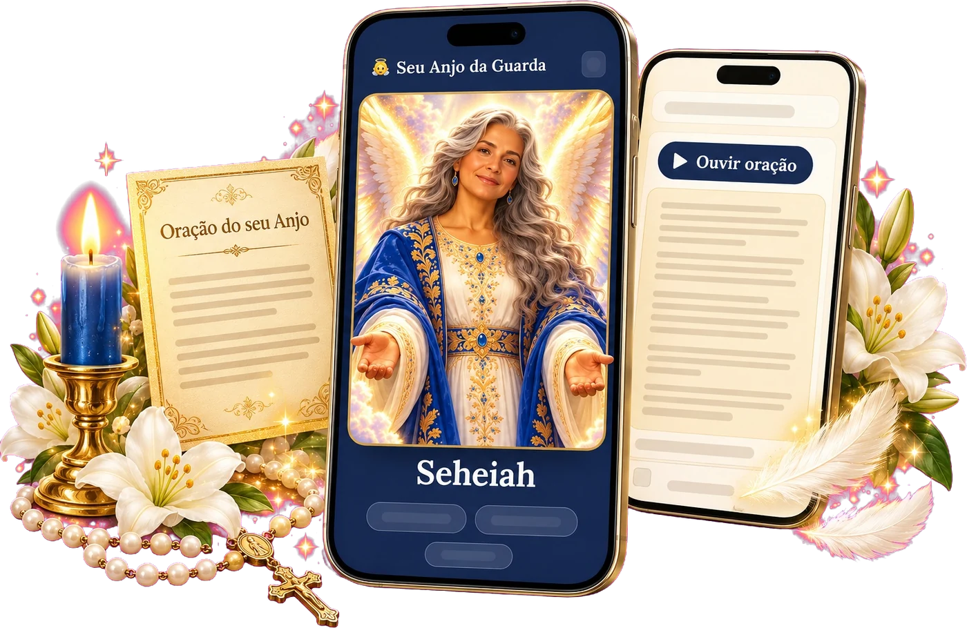 App Seu Anjo da Guarda no celular com o retrato do Anjo, a oração e o cartão de oração