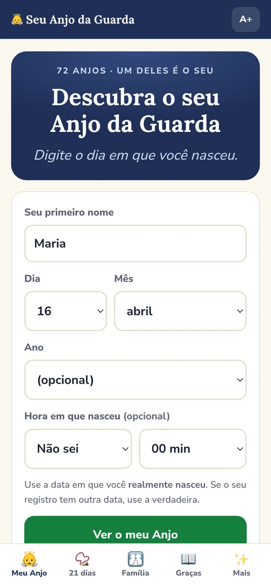 Tela do app: digite o nome e a data de nascimento