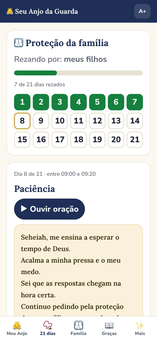 Tela do app: plano de 21 dias no dia 8, com os dias rezados marcados