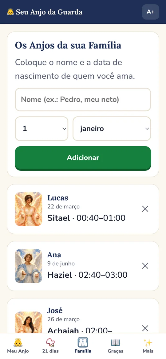 Tela do app: os Anjos da família, com Lucas, Ana e José