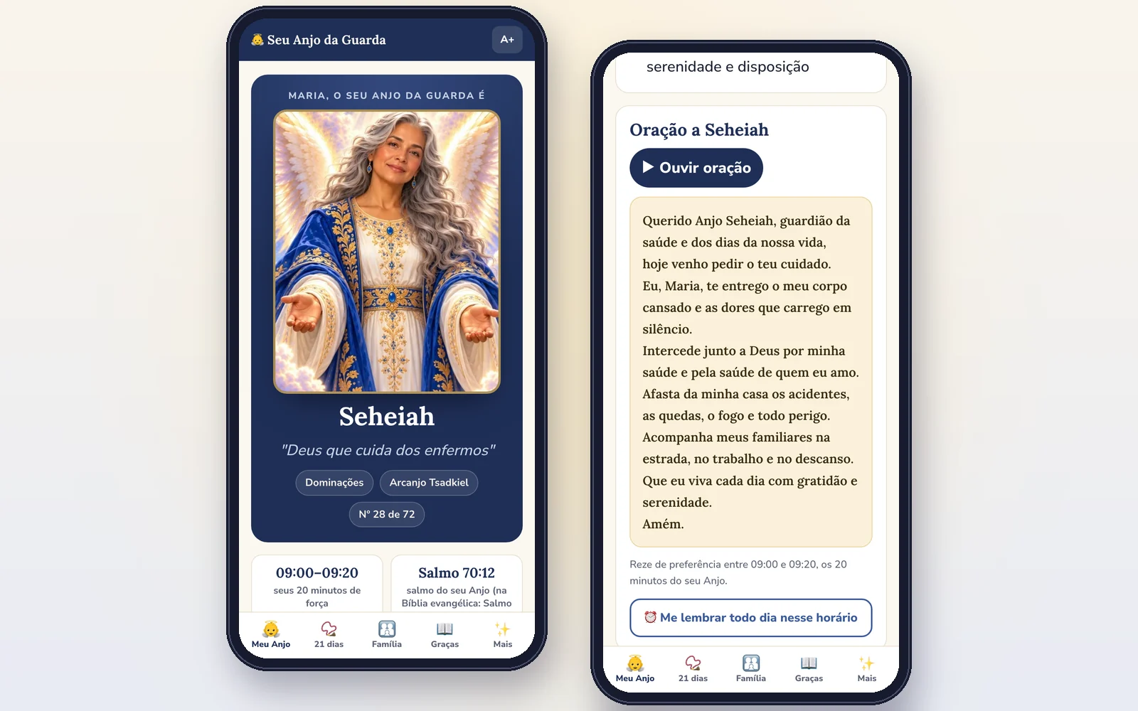 Ficha do Anjo no app: retrato, nome e oração